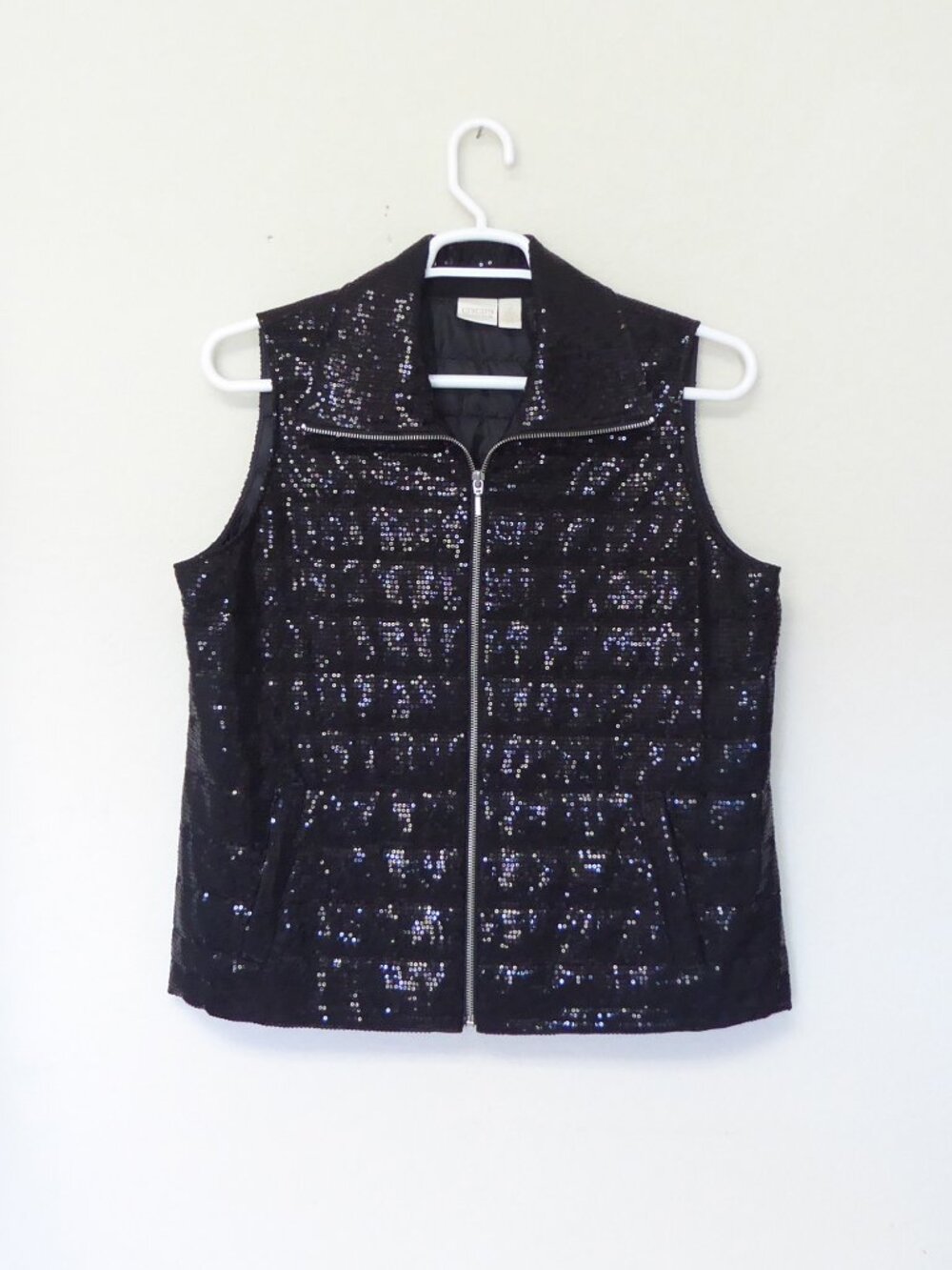 Chico's black sparkly sequin quilted lightweight puffer vest size 2 / large